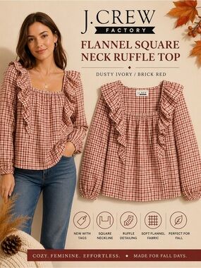 J.Crew Factory Plaid Square Neck Ruffle Flannel Top NWT M
